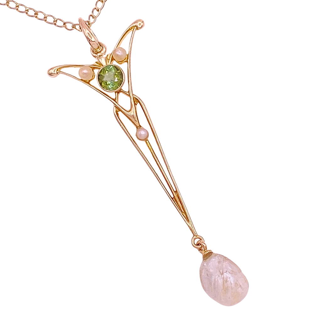 Art Nouveau Suffragette Necklace 14K Gold Peridot, Seed Pearl, and Freshwater Pearl