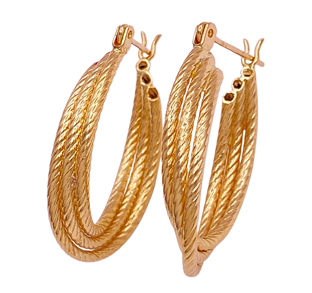 Triple Oval Hoop Earrings 14K Gold Cable Twist with Cross-Over Design
