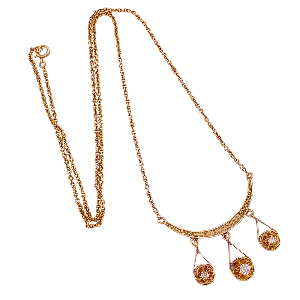 Petite Victorian Diamond Necklace .15 Carat TW 10K Gold, Three-Stone, Old Mind Cut