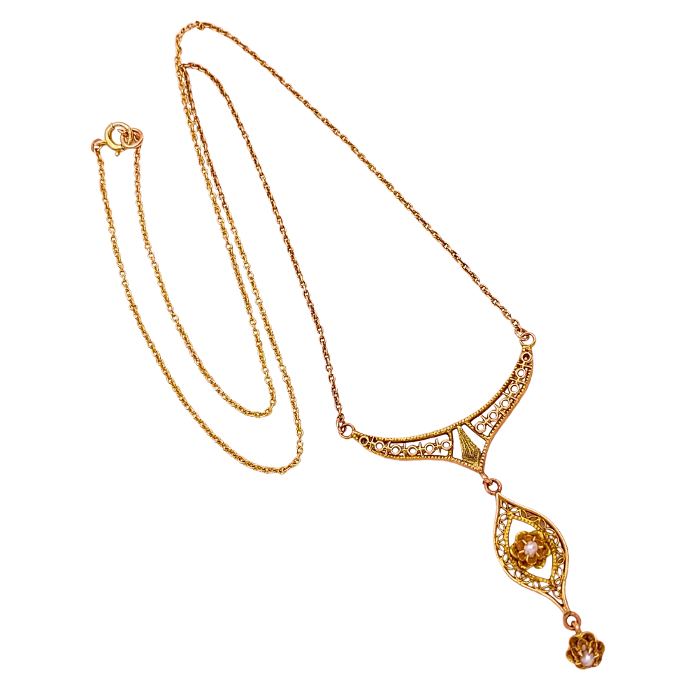 Victorian Era Petite Lavaliere Necklace 10K Gold Seed Pearl